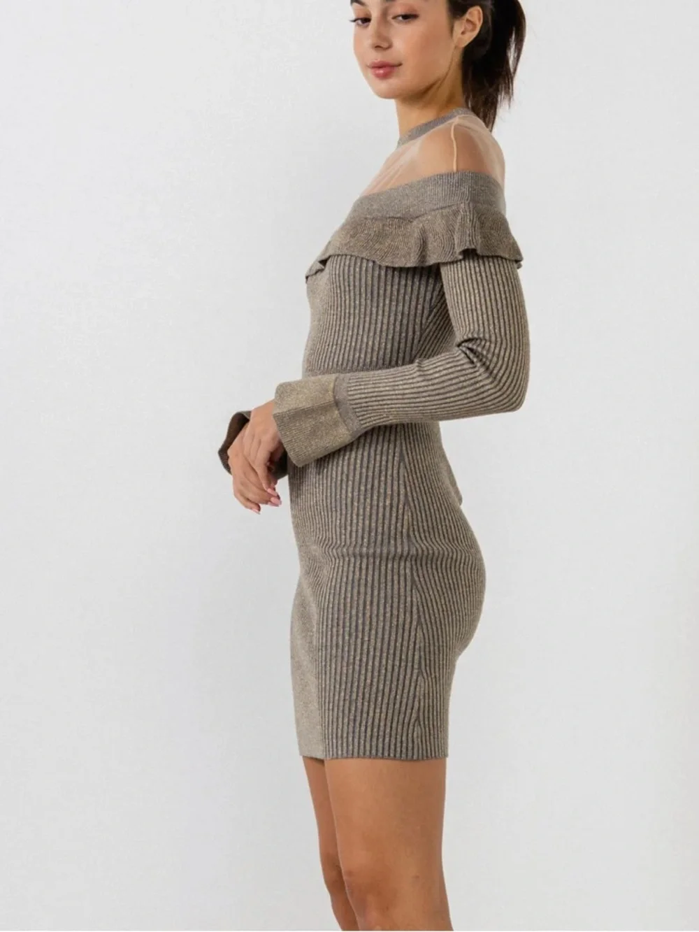 Endless Rose Off-Shoulder Metallic Taupe Ribbed Mini Dress